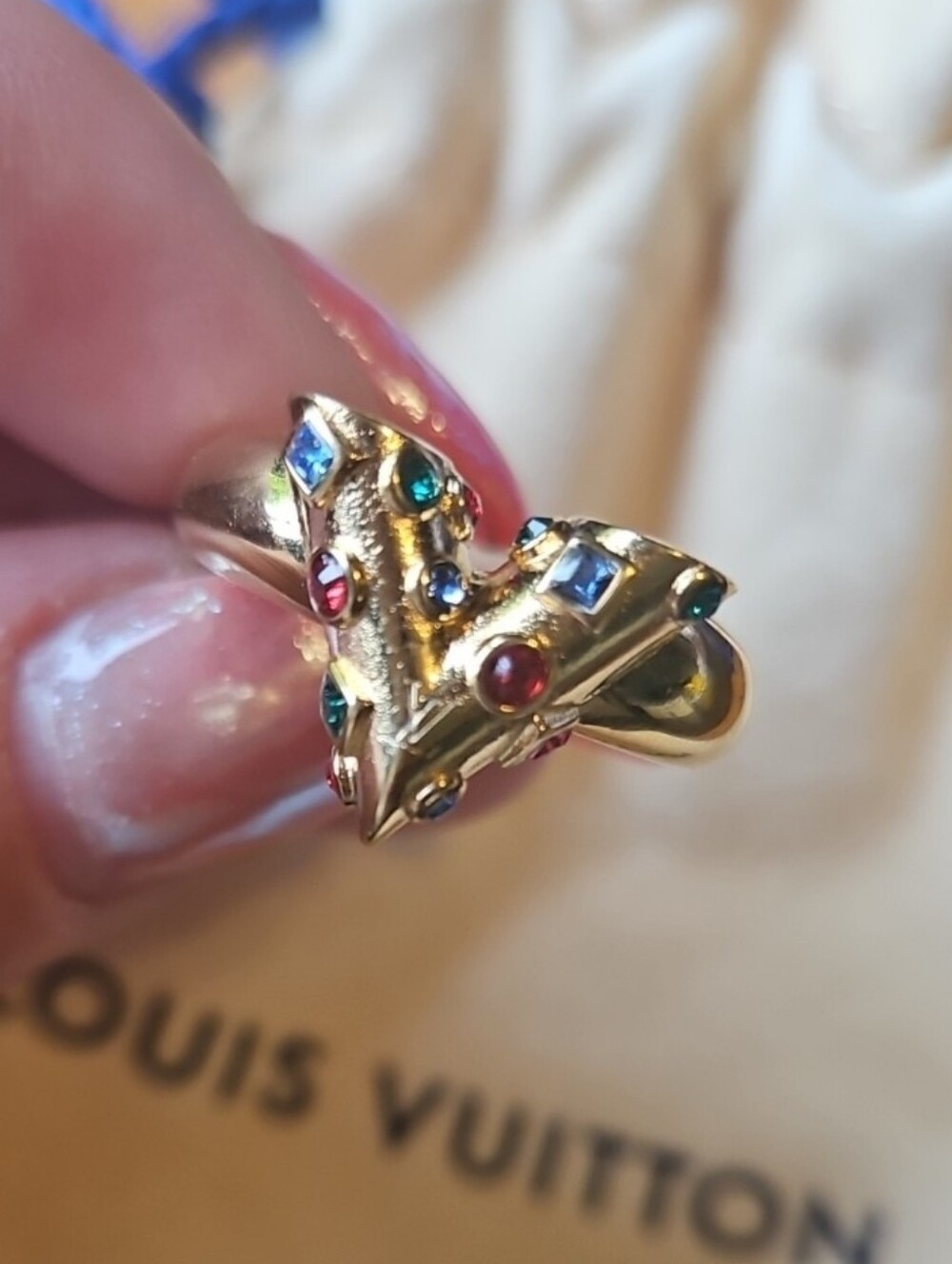 Louis Vuitton Gold Essential V Planète Ring with Multicolor Crystals [Size 6.25]